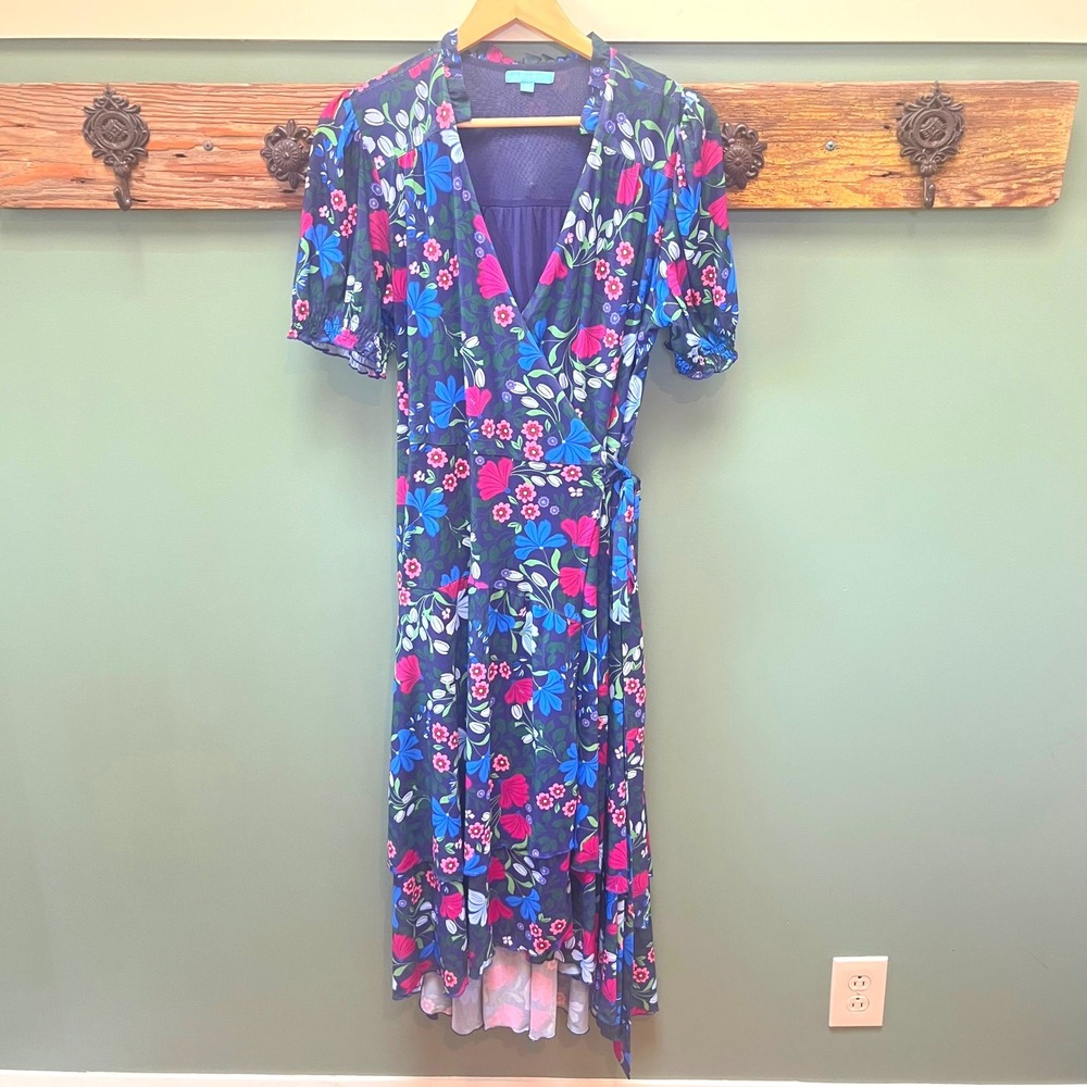 Draper James Womens Floral Wrap Dress Navy Blue Pink High Low Midi Size M
